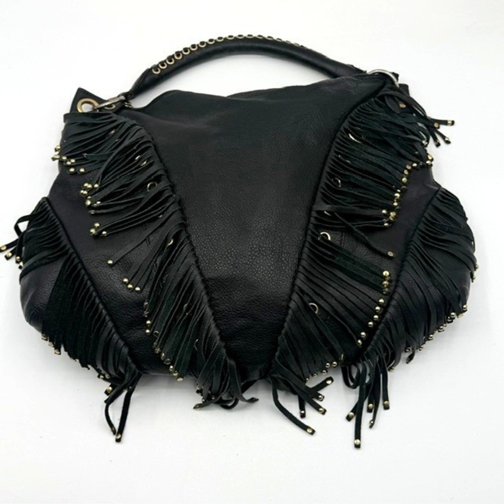 Frosting by Mary Norton Black Pebbled Leather Fringe Studded Hobo Bag Gold Lined